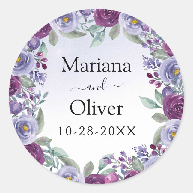 Sticker Rond Aquarelle violet bleu Mariage (Devant)
