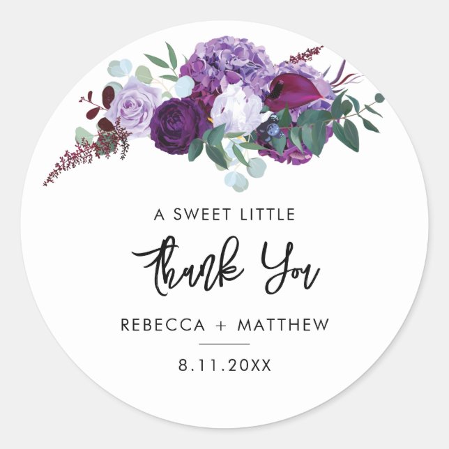 Sticker Rond Aquarelle violet Floral Script Mariage Merci (Devant)
