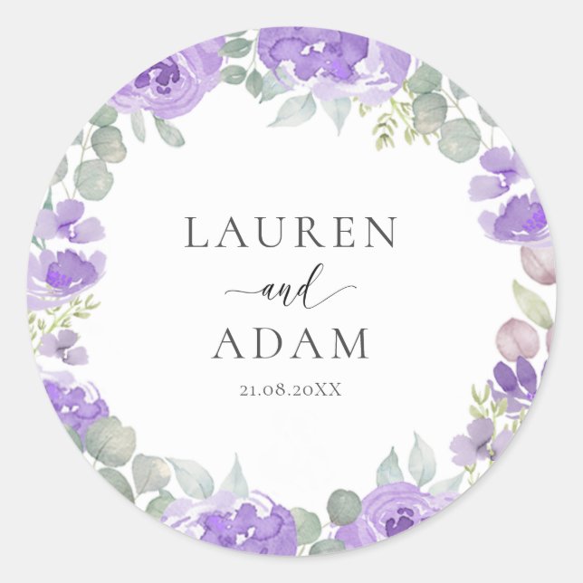 Sticker Rond Aquarelle violet Mariage Floral (Devant)
