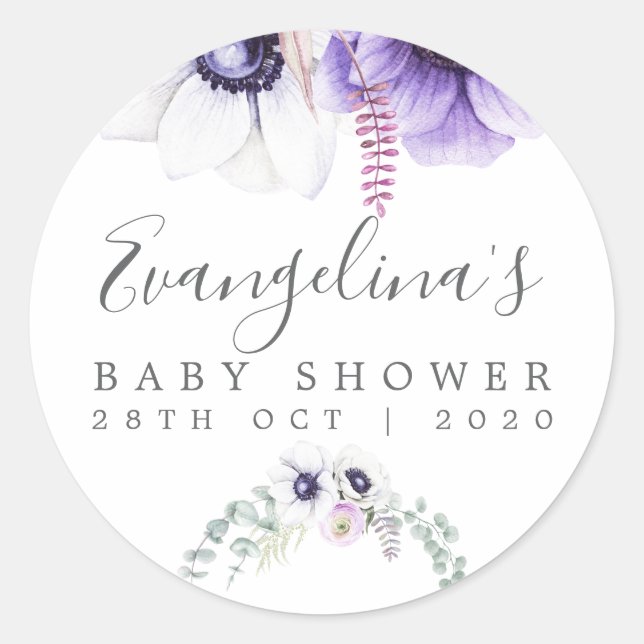 Sticker Rond Aquarelle violet poussiéreuse Baby shower floral (Devant)
