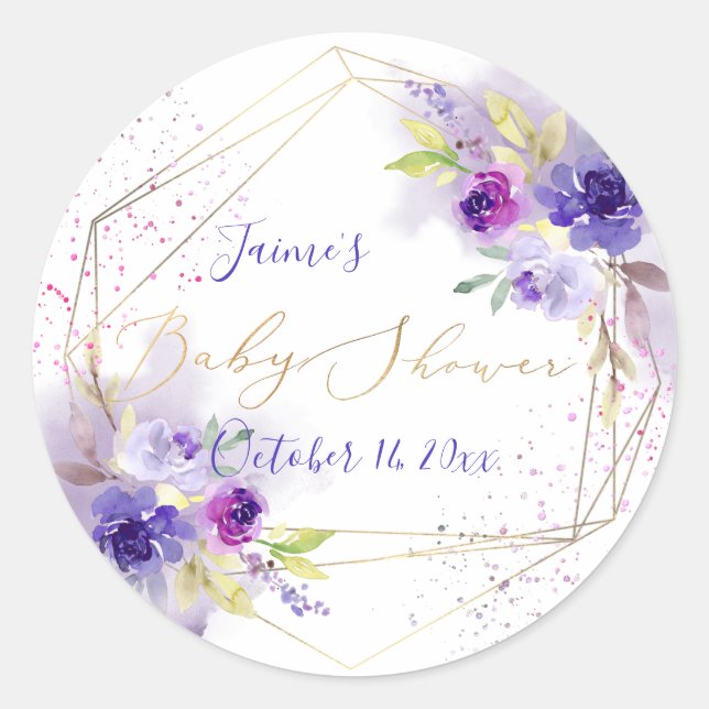 Sticker Rond Aquarelle violet violet Baby shower des pivoines (Devant)