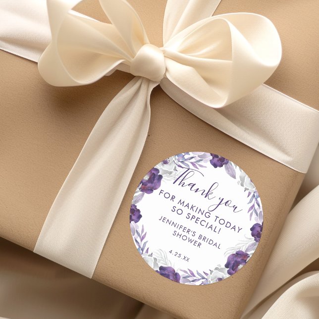 Sticker Rond Aquarelle violette et argentée Fête des mariées fl (Purple and Silver Watercolor Floral Bridal Shower Classic Round Sticker)