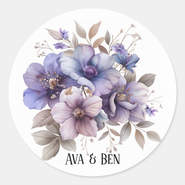 Sticker Rond Aquarelle violette et bleu Mariage floral (Devant)