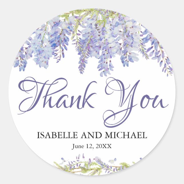 Sticker Rond Aquarelle violette et bleu Merci Mariage Floral (Devant)