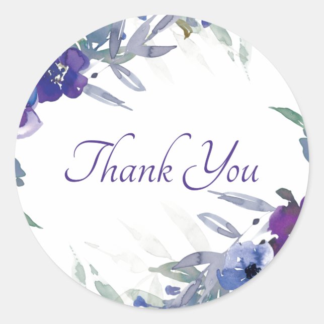 Sticker Rond Aquarelle violette et bleue florale merci classe (Devant)