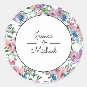 Sticker Rond Aquarelle violette Floral Couple's Names Blanc
