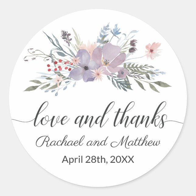 Sticker Rond Aquarelle violette Mariage Floral Merci (Devant)
