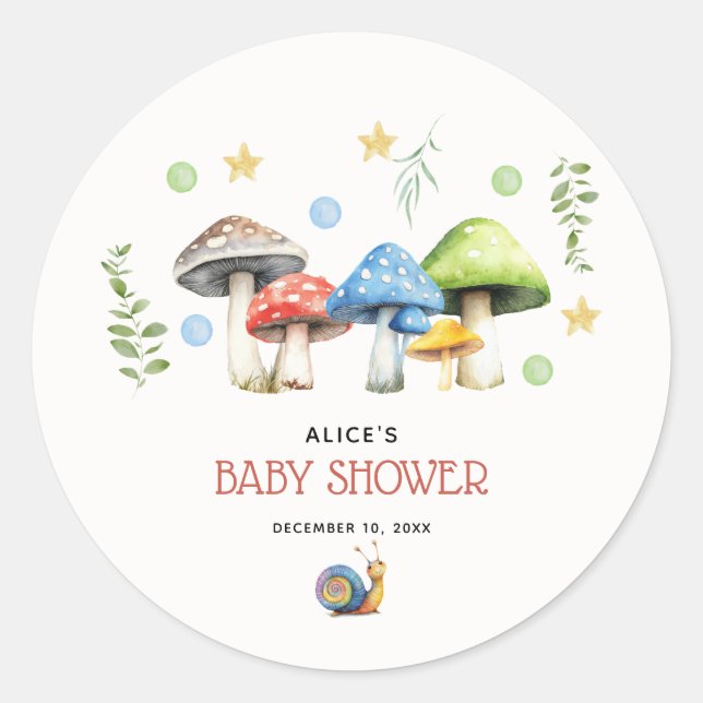 Sticker Rond Aquarelle Whimsical Baby shower de champignon (Devant)