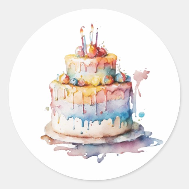 Sticker Rond Aquarelle Whimsical Birthday CAke (Devant)