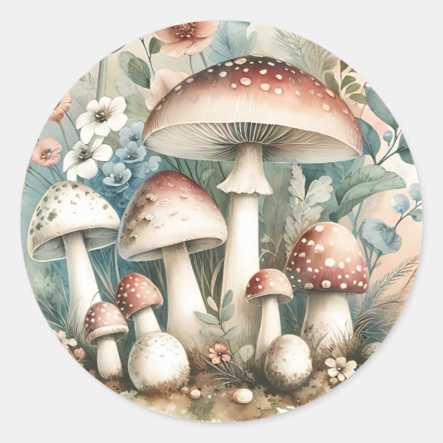 Sticker Rond Aquarelle Whimsical Champignons Vintages et fleurs (Devant)