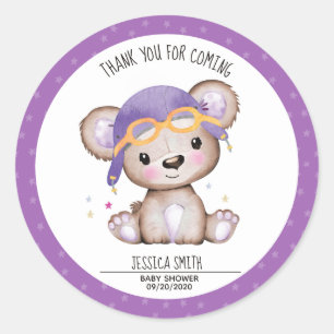 Sticker Rond Aquarelle Whimsical Girl Pilot Teddy Bear