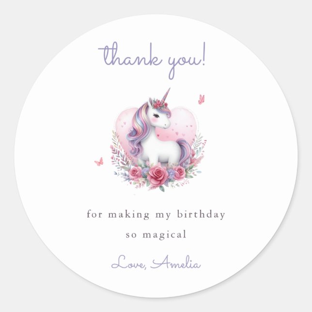 Sticker Rond Aquarelle Whimsical Unicorn Merci violet (Devant)