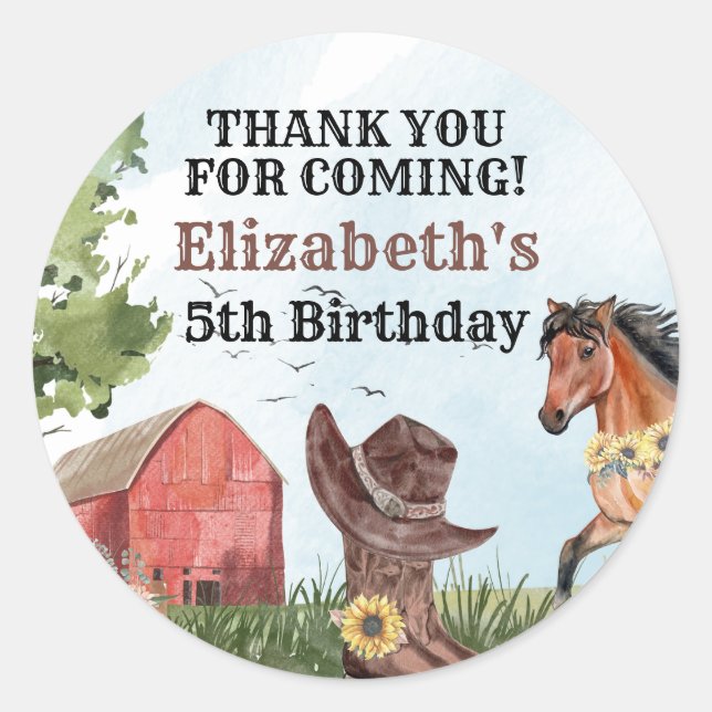 Sticker Rond Aquarelle Wild West Rodeo Horse Grange Merci (Devant)