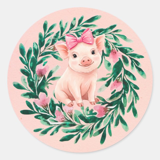 Sticker Rond Aquarelle Wreath avec bébé Baby shower de fille de (Devant)