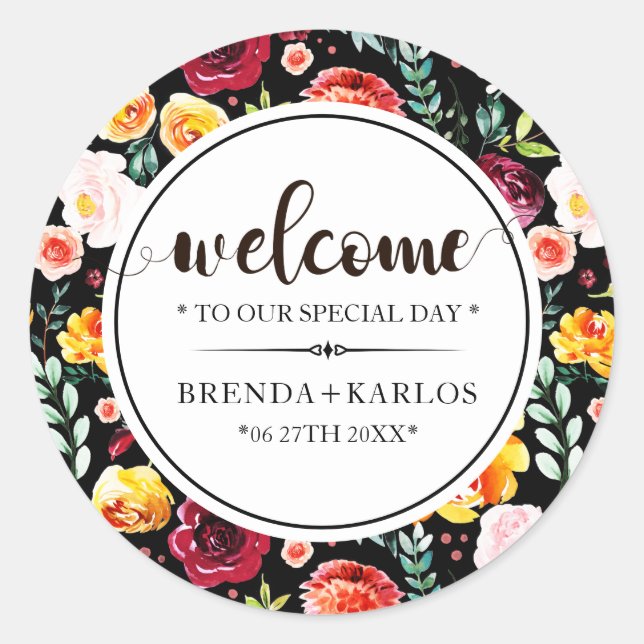 Sticker Rond Aquarelles couleurs vives fleurs motif (Devant)