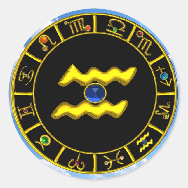 STICKER ROND AQUARIUS /GOLD ZODIAC BIJOU D'ANNIVERSAIRE (Devant)