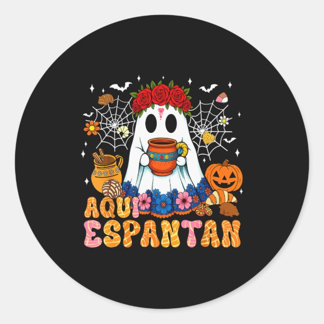 Sticker Rond Aqui Espantan Mexican Ghost Halloween Soky Conchas (Devant)