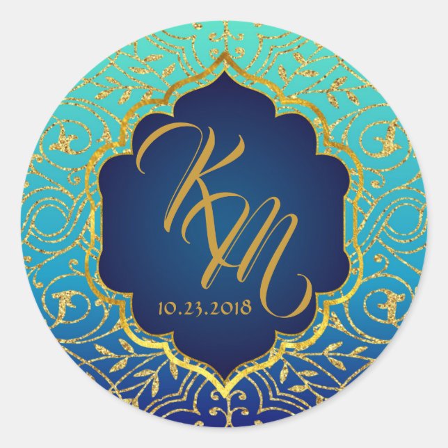 Sticker Rond Arabian Nights Bollywood Monogram Mariage Étiquett (Devant)