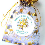 Sticker Rond Arbre à huile d'or Bat mitzvah Turquoise Type de v<br><div class="desc">Soyez fier, réjouissez-vous et présentez cette étape importante de votre Bat mitzvah préféré ! Utilisez ce sticker amusant, sophistiqué, personnalisé pour ajouter à sa journée spéciale. Un superbe arbre à feuille d'or imitation graphique avec brillant turquoise, turquoise, violet et bleu Star de David et point "feuilles" chevauche un arrière -...</div>