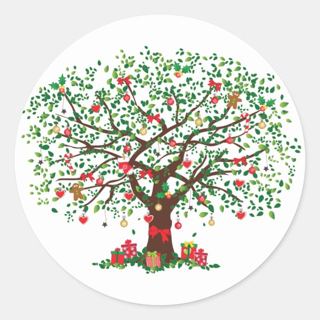 Sticker Rond Arbre de chêne de Noël avec présentoirs (Devant)