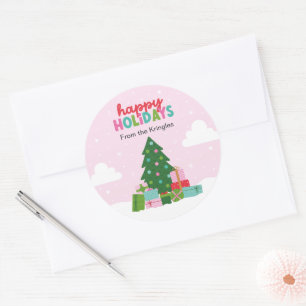 Sticker Rond Arbre de Fêtes avec Cadeaux en Rose Pastel