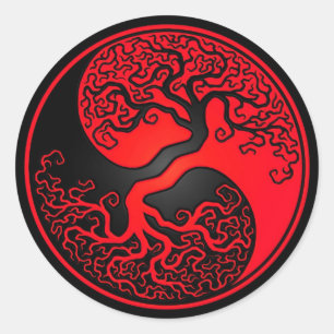 Sticker Rond Arbre de la vie rouge et noir Yin Yang