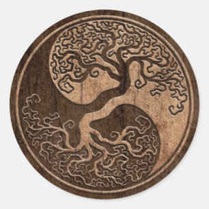 Sticker Rond Arbre de la vie Yin Yang avec l'effet en bois de