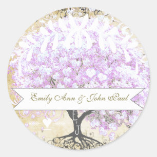 Sticker Rond Arbre de lavande à feuilles en cœur Mariage oiseau