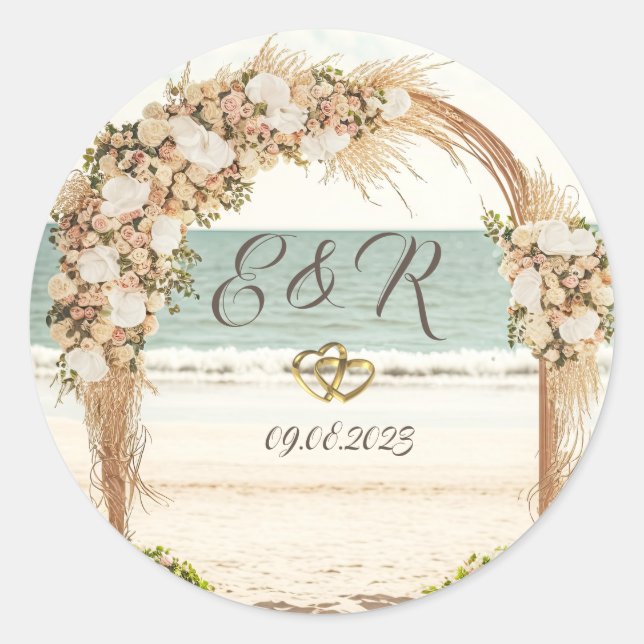 Sticker Rond Arbre de mariage de plage avec roses (Devant)