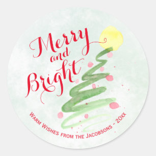 Sticker Rond Arbre de Noël abstrait aquarelle Joyeux et Lumineu