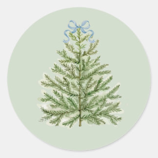 Sticker Rond Arbre de Noël aquarelle avec Bow bleu