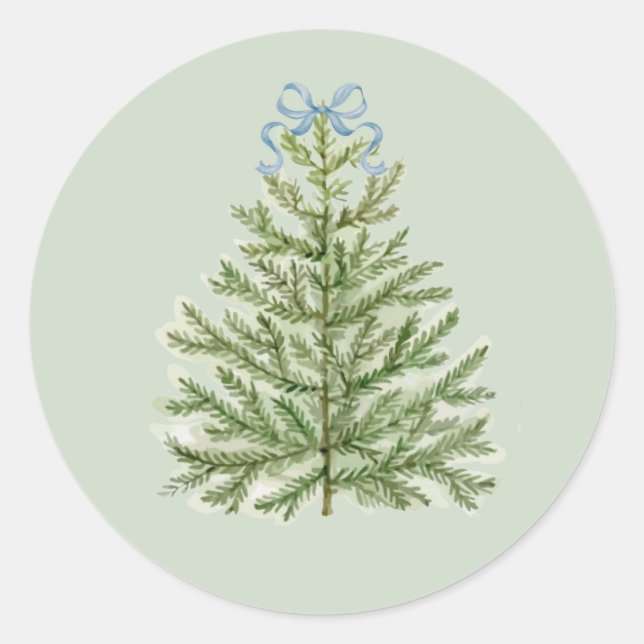 Sticker Rond Arbre de Noël aquarelle avec Bow bleu (Devant)