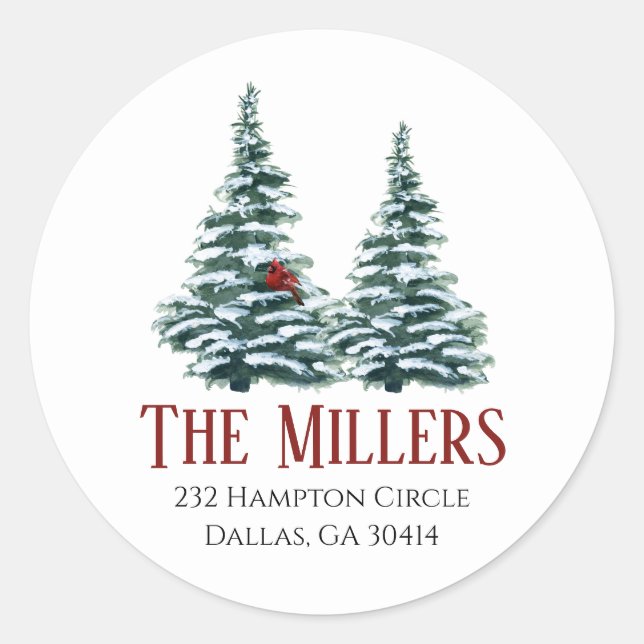 Sticker Rond Arbre de Noël aquarelle avec Cardinal (Devant)