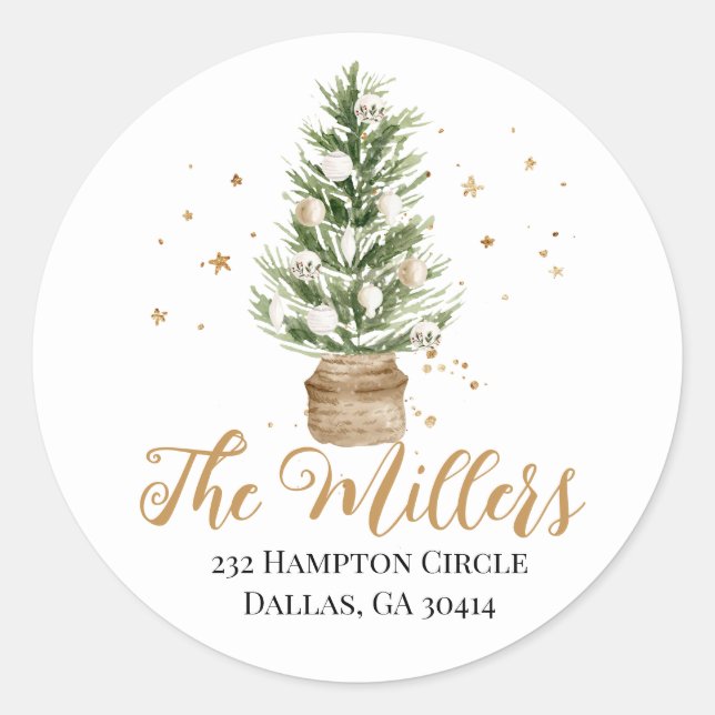 Sticker Rond Arbre de Noël aquarelle étoiles dorées (Devant)