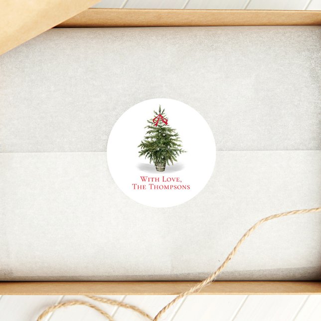 Sticker Rond Arbre de Noël Aquarelle Simple Personnalisé (Simple and elegant Christmas tree gift sticker. )