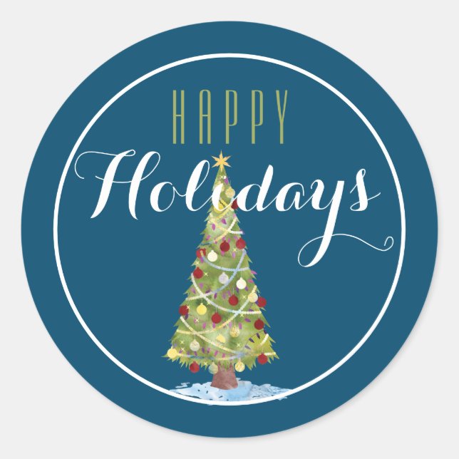 Sticker Rond Arbre de Noël avec Décorations Joyeux Vacances/Ble (Devant)