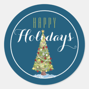 Sticker Rond Arbre de Noël avec Décorations Joyeux Vacances/Ble