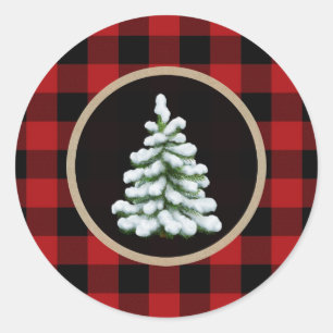 Sticker Rond Arbre de Noël blanc Fêtes Plaid rouge de Buffalo