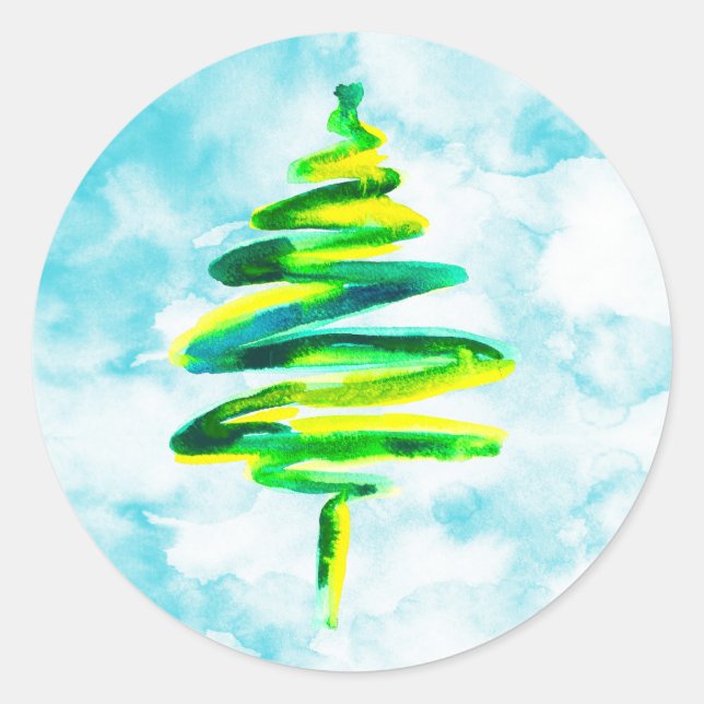 Sticker Rond Arbre de Noël bleu aquarelle Classic Round (Devant)