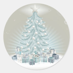 Sticker Rond Arbre de Noël bleu argenté, boules et cadeaux