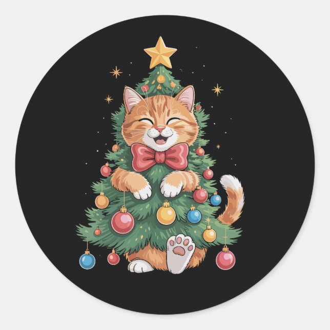 Sticker Rond Arbre de Noël Chat Orange Gingembre Noël Mignon  (Devant)