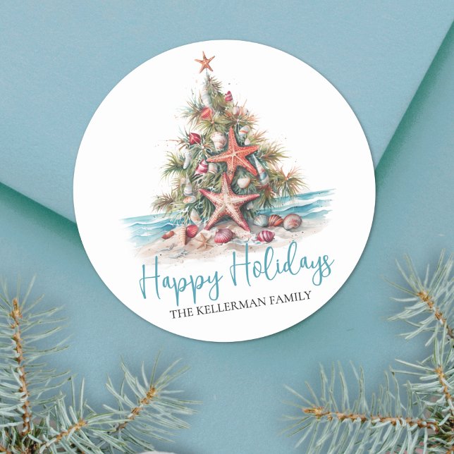 Sticker Rond Arbre de Noël de plage Joyeuses Fêtes (Happy Holidays Beach Christmas Tree Classic Round Sticker )
