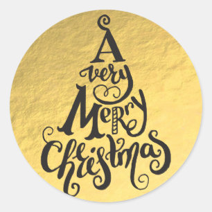Sticker Rond Arbre de Noël de vacances en feuille d'or JOYEUX N