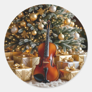 Sticker Rond Arbre de Noël doré, cadeaux et violon