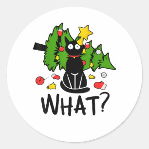 Sticker Rond Arbre de Noël drôle chat noir Noël joyeux Santa hu