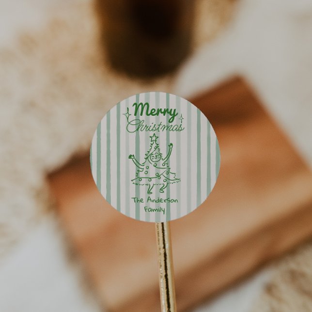 Sticker Rond Arbre de Noël drôle vert dessiné à la main Rétro  (Créateur téléchargé)