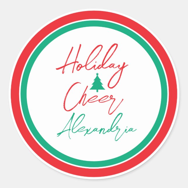 Sticker Rond Arbre de Noël écriture de Fête Joyeuse (Devant)