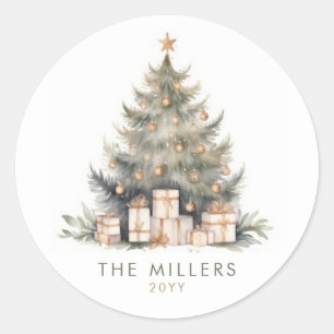 Sticker Rond Arbre de Noël Élégant Joyeux Or Minimaliste