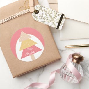 Sticker Rond Arbre de Noël Élégant Rose Géométrique