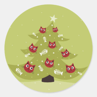 Sticker Rond Arbre De Noël En Chat Avec Ornements De Poisson